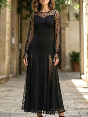 Polka Dot Lace Patchwork Slit Maxi Dress_CWDMD02293