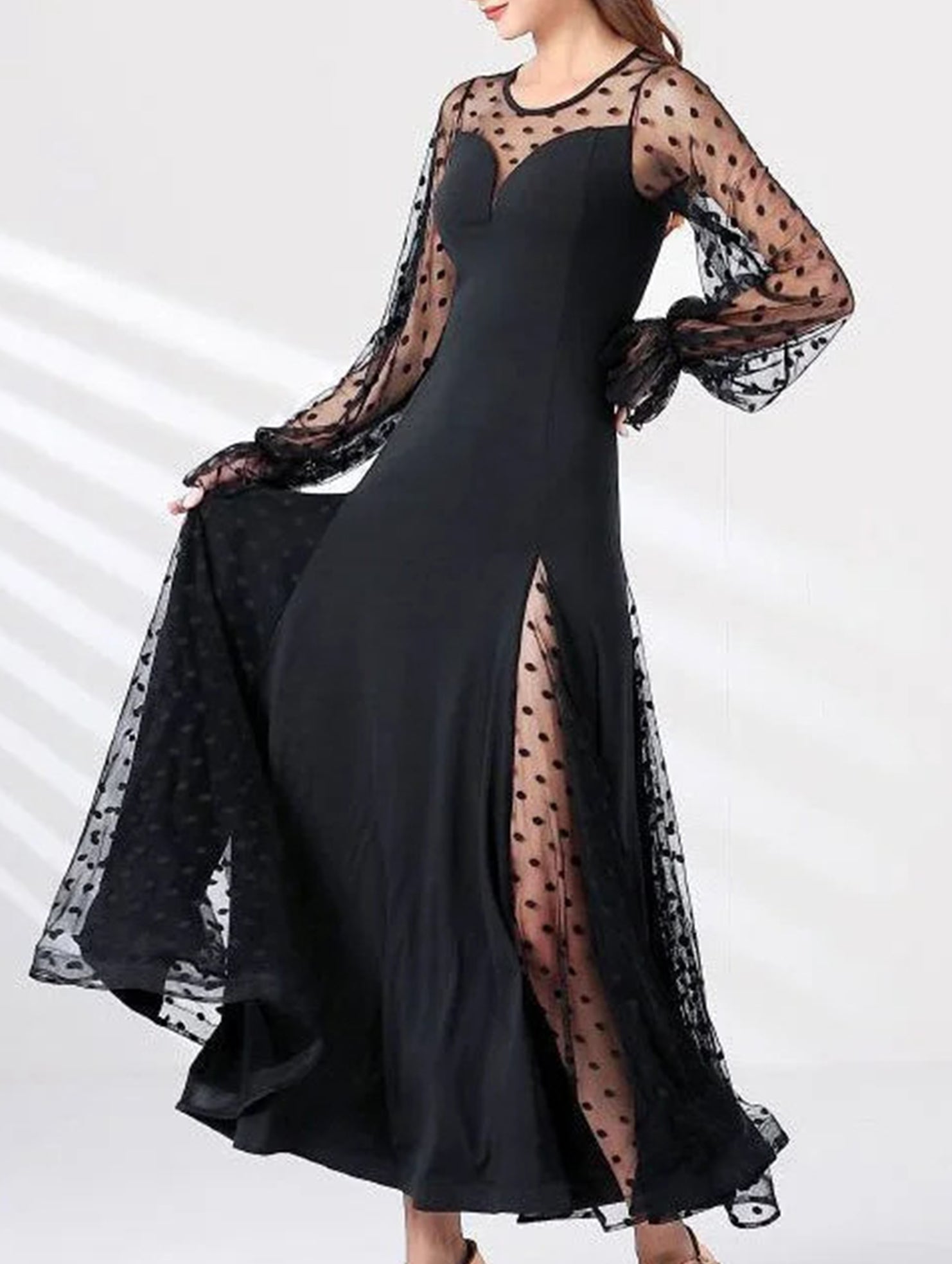 Polka Dot Lace Patchwork Slit Maxi Dress_CWDMD02293
