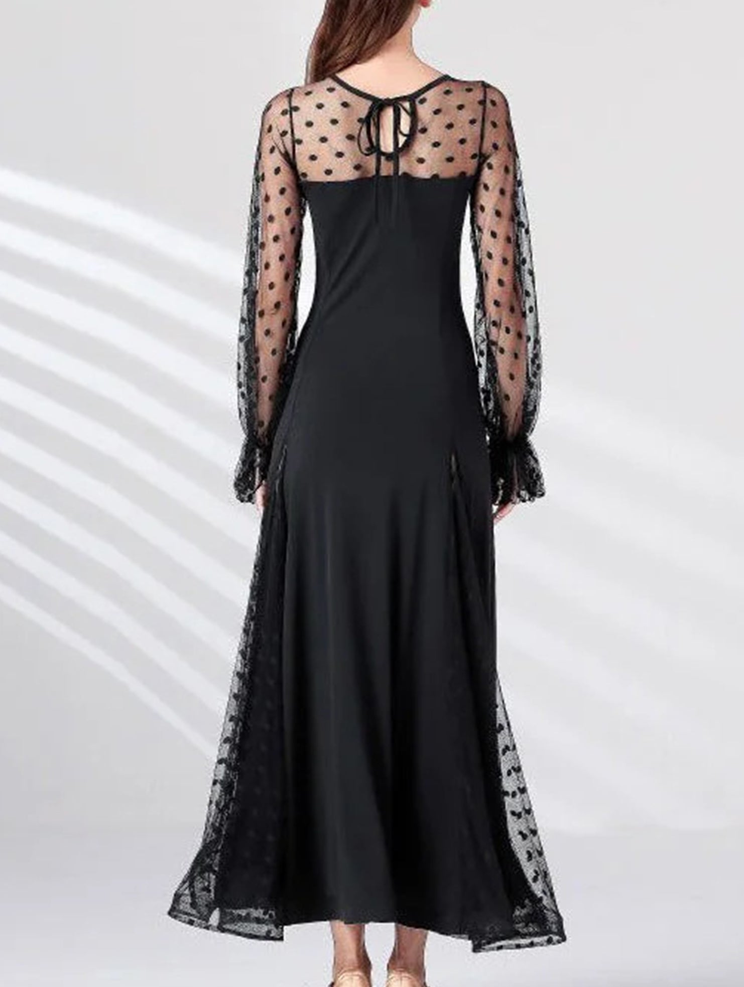 Polka Dot Lace Patchwork Slit Maxi Dress_CWDMD02293