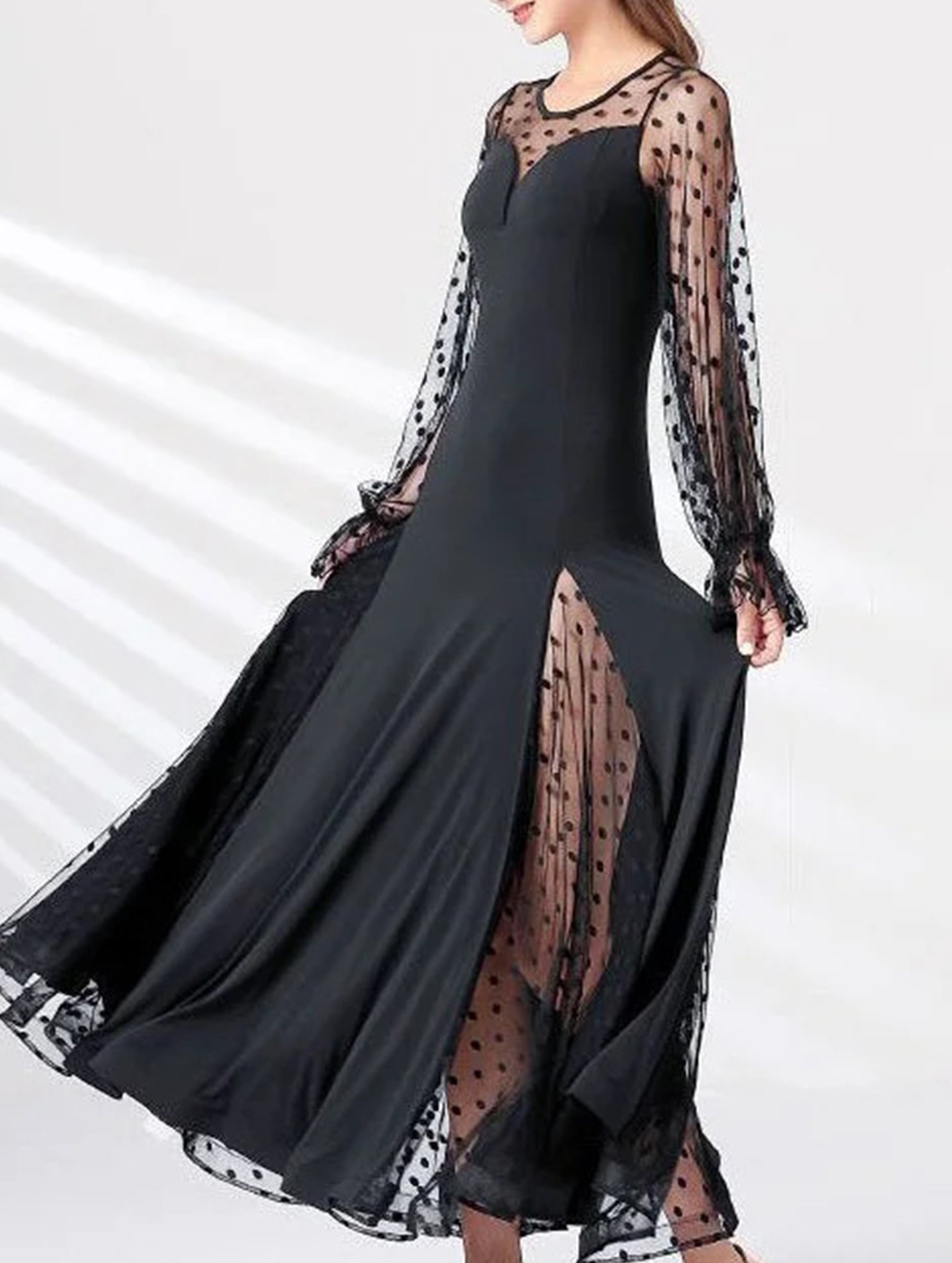 Polka Dot Lace Patchwork Slit Maxi Dress_CWDMD02293