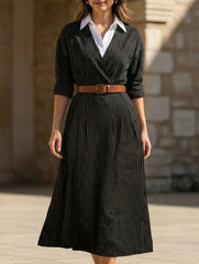 Vintage Striped Shirt Dress with Waist Tie_CWDMD02294