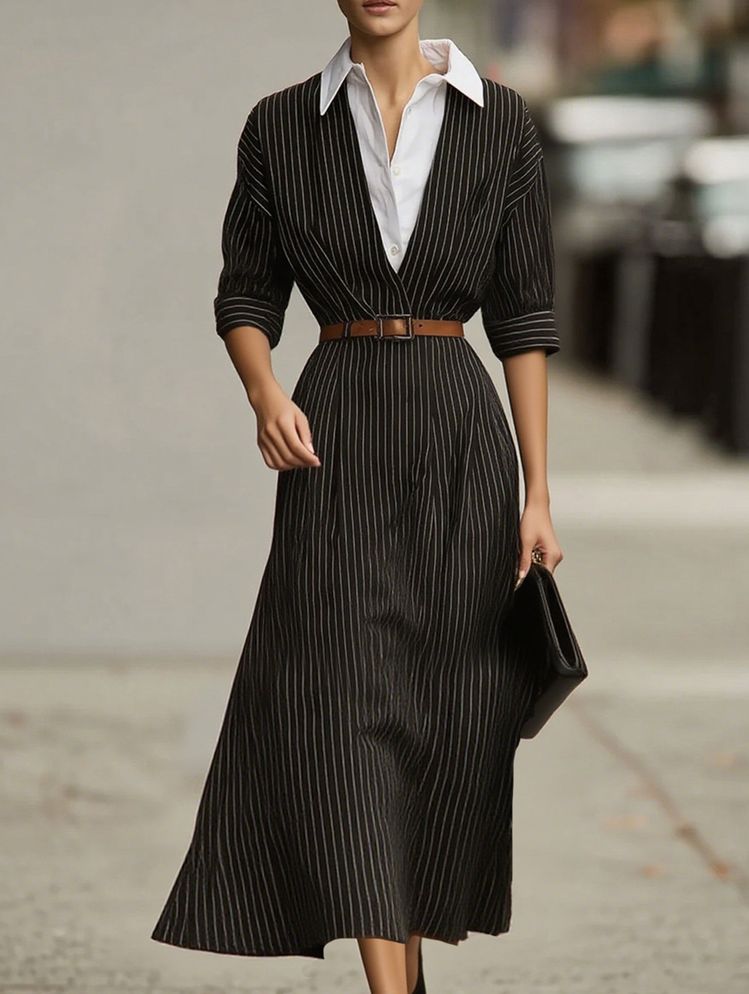 Vintage Striped Shirt Dress with Waist Tie_CWDMD02294