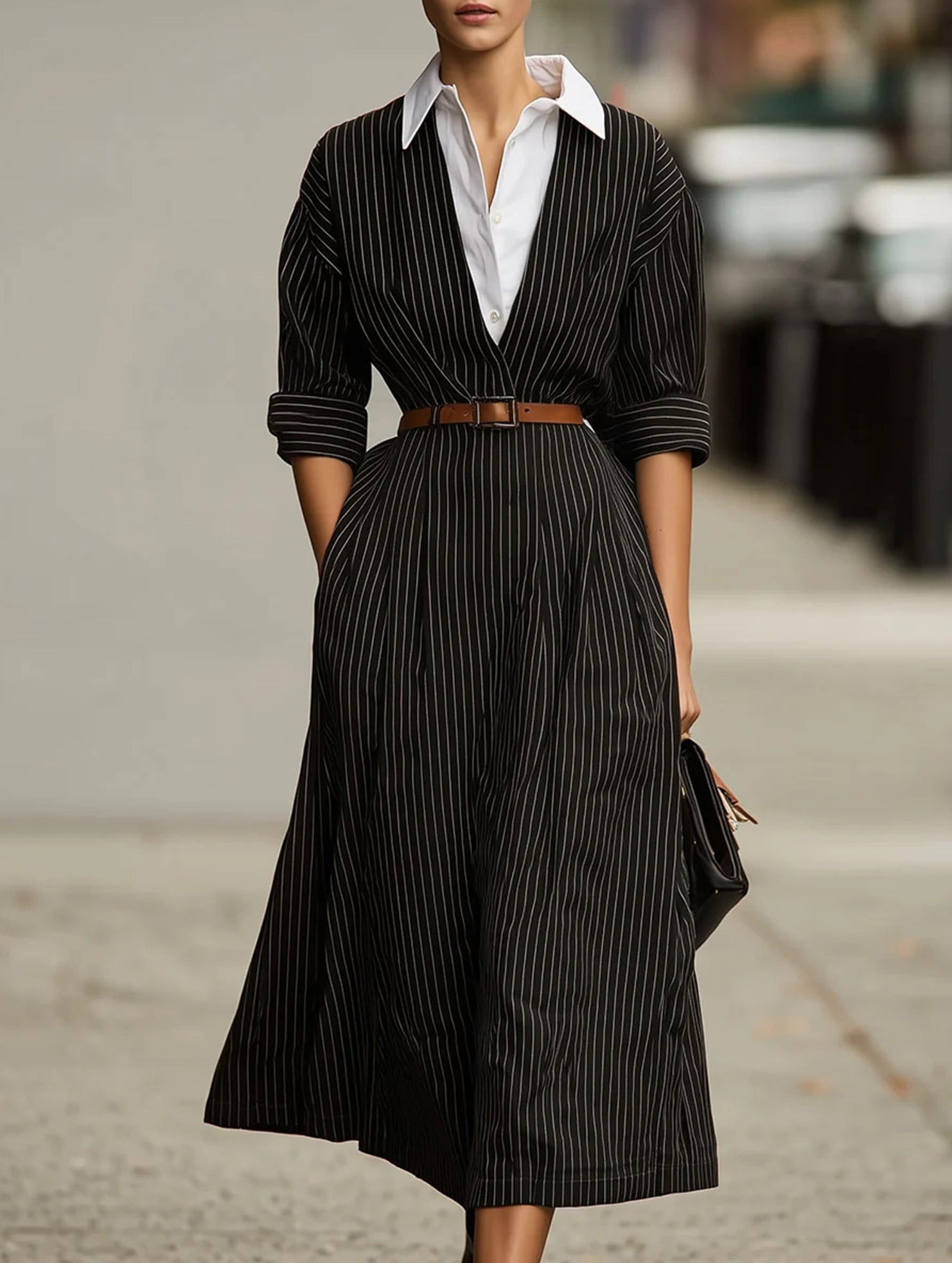 Vintage Striped Shirt Dress with Waist Tie_CWDMD02294