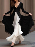 French V Neck Color Block Flare Maxi Dress_CWDMD02295