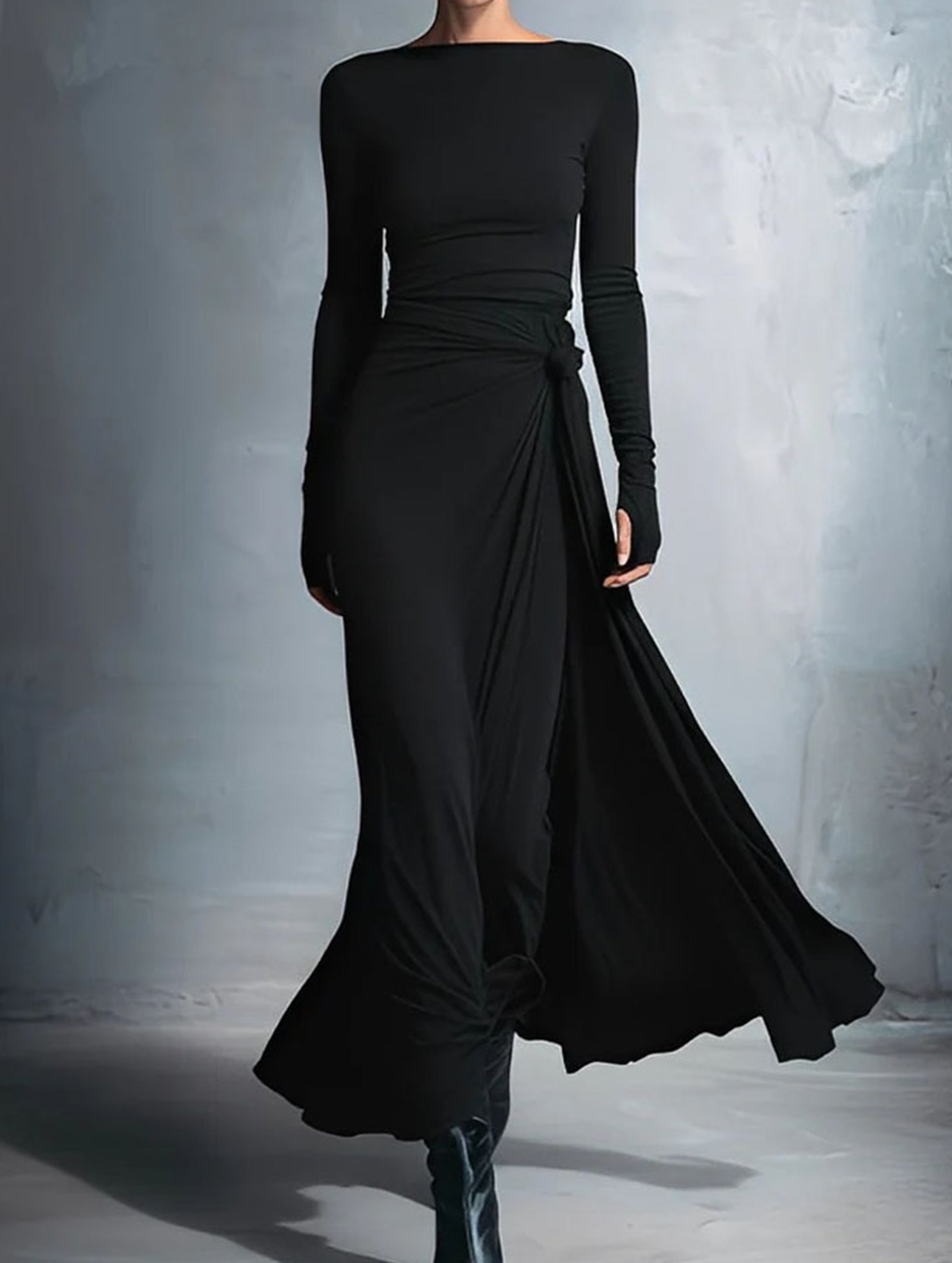 Solid Wrap Style Knot Long Sleeve Dress_CWDMD02296