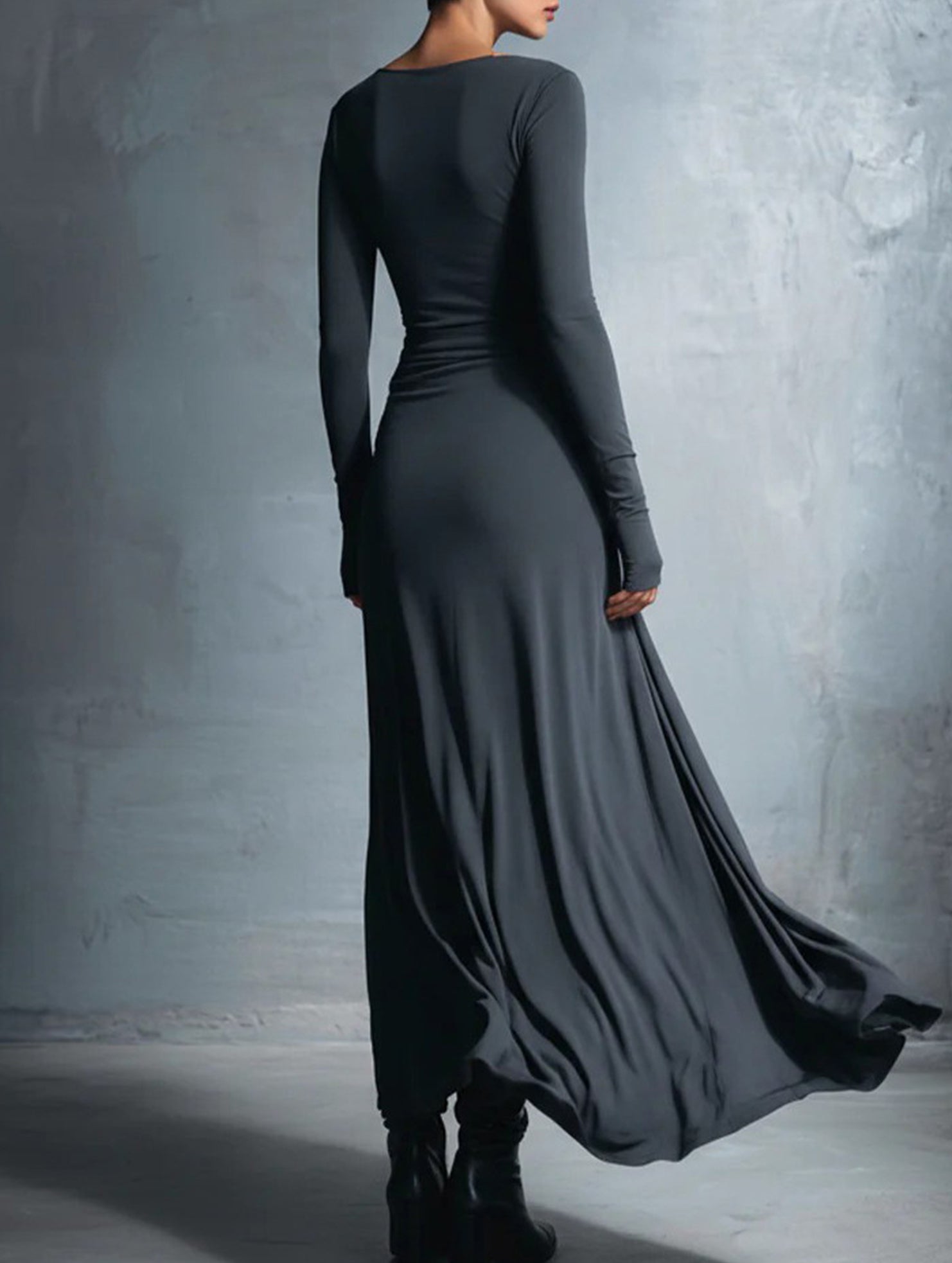 Solid Wrap Style Knot Long Sleeve Dress_CWDMD02296