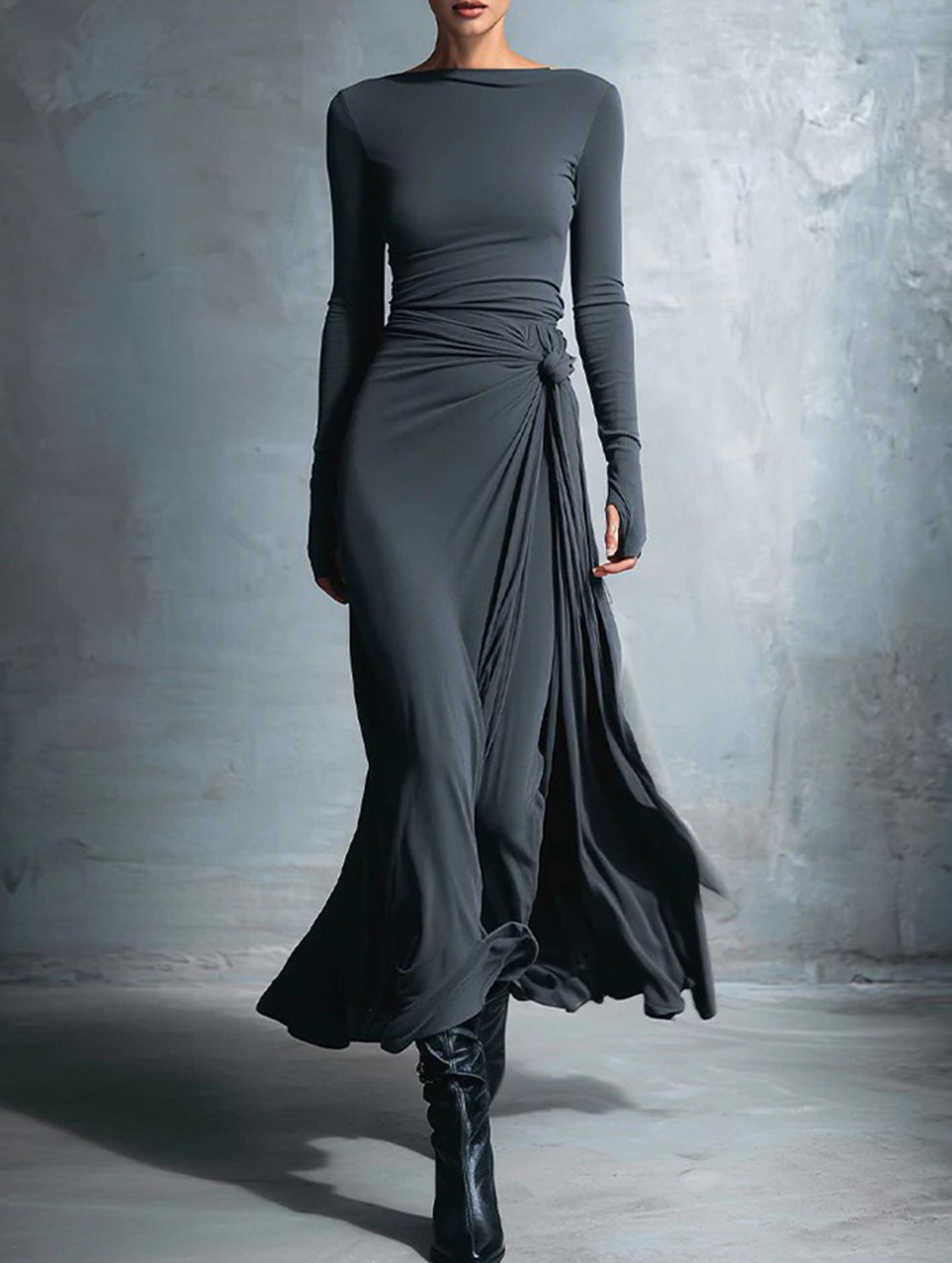 Solid Wrap Style Knot Long Sleeve Dress_CWDMD02296