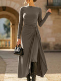 Solid Wrap Style Knot Long Sleeve Dress_CWDMD02296