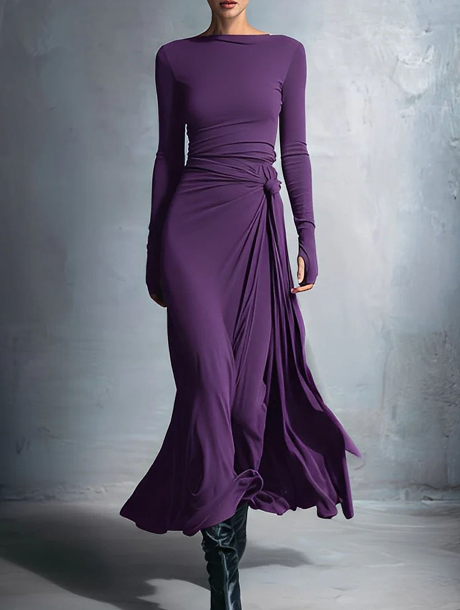 Solid Wrap Style Knot Long Sleeve Dress_CWDMD02296