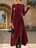 Solid Wrap Style Knot Long Sleeve Dress_CWDMD02296