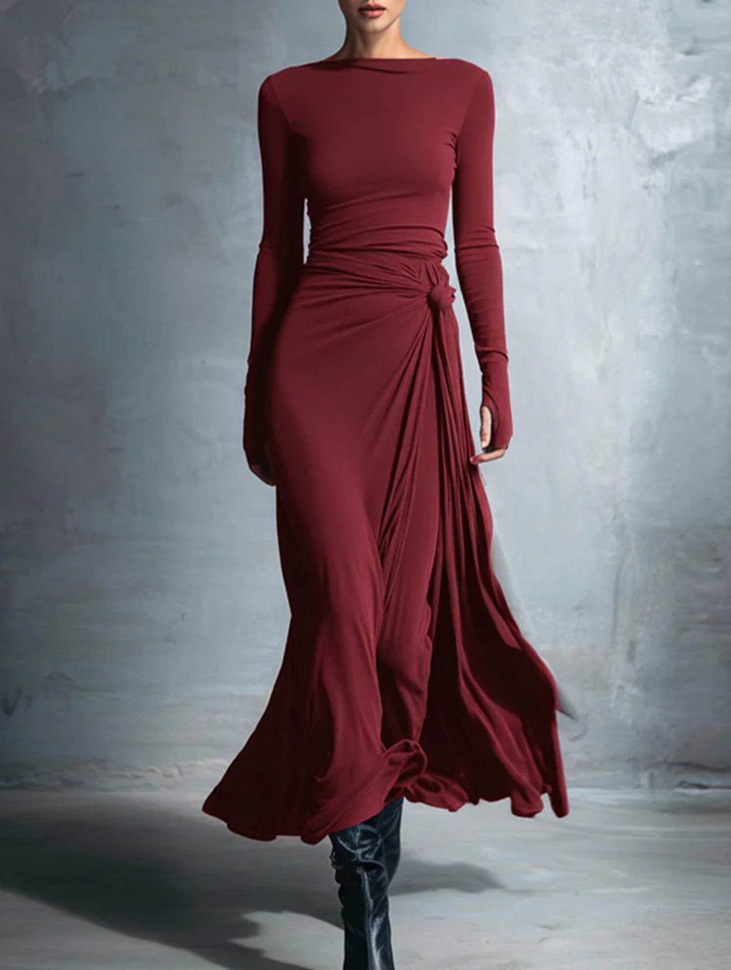 Solid Wrap Style Knot Long Sleeve Dress_CWDMD02296