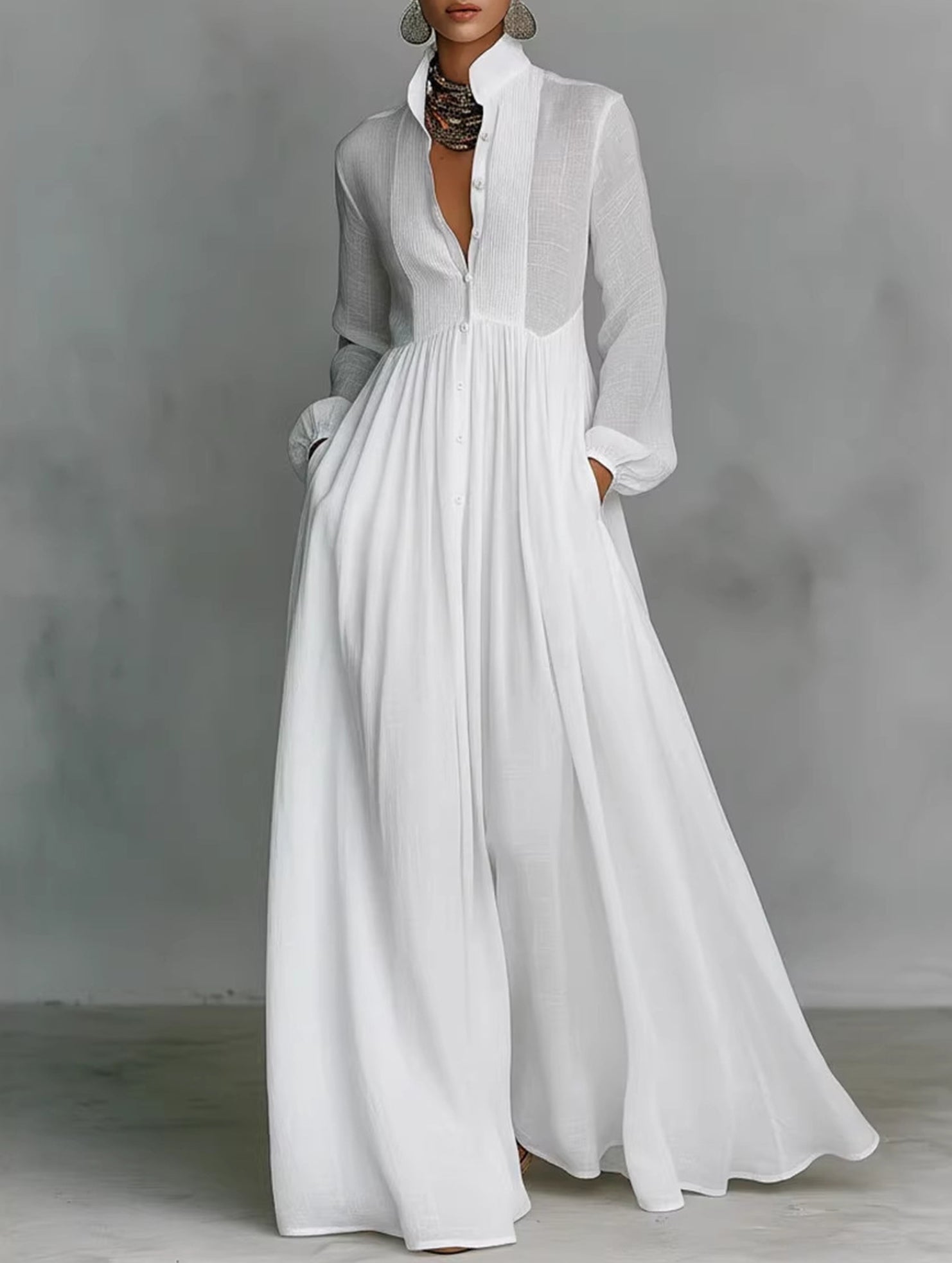 French Pleated Waist Fit White Maxi Dress_CWDMD02298