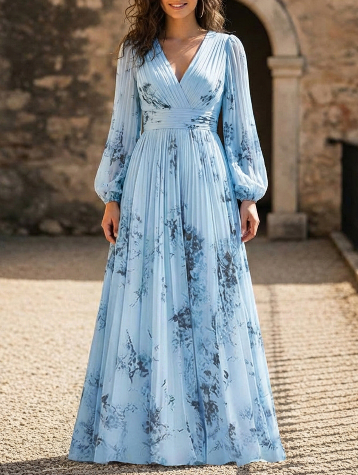 V Neck Pleated Printed Slim Maxi Dress_CWDMD02301