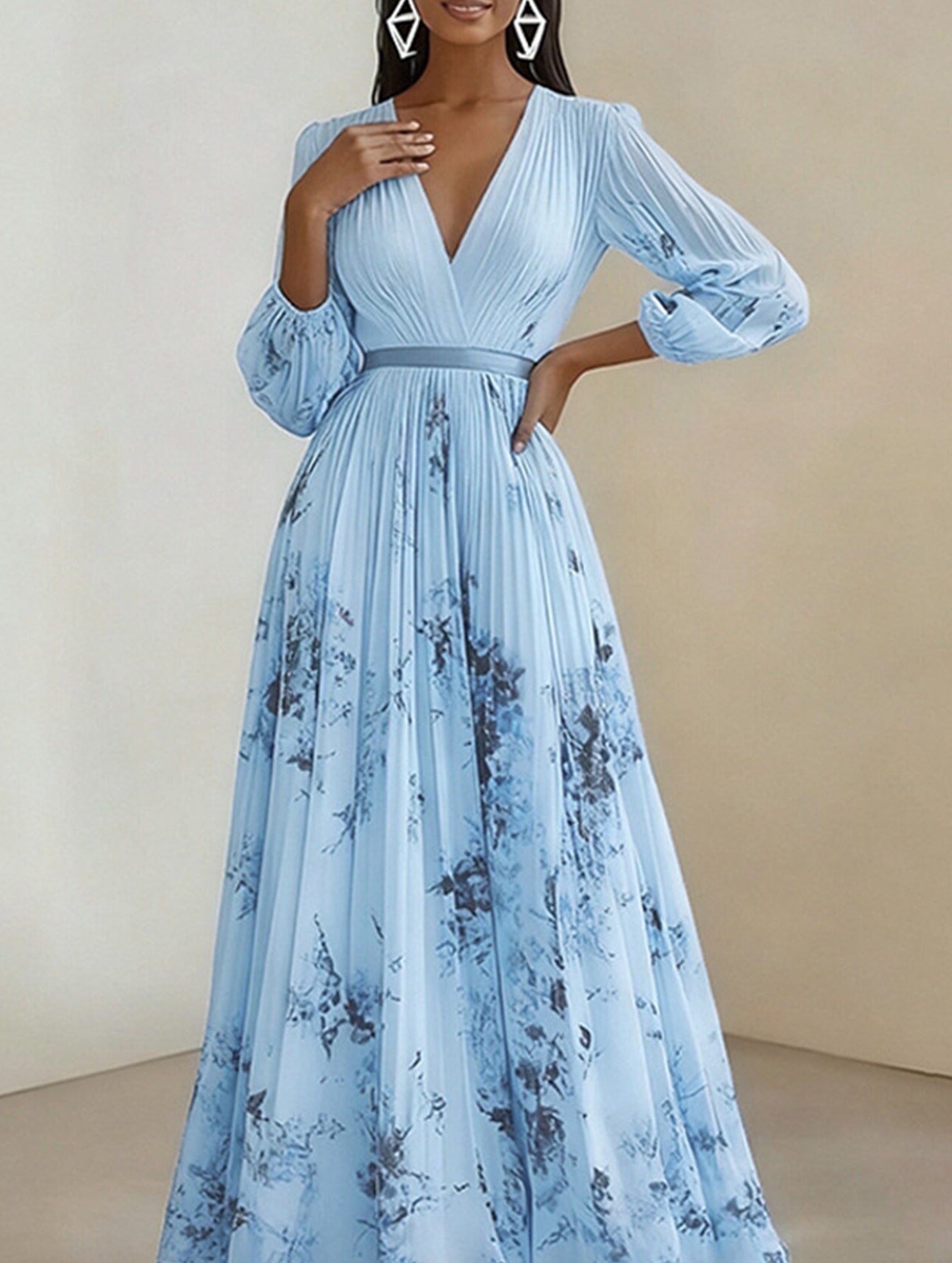 V Neck Pleated Printed Slim Maxi Dress_CWDMD02301
