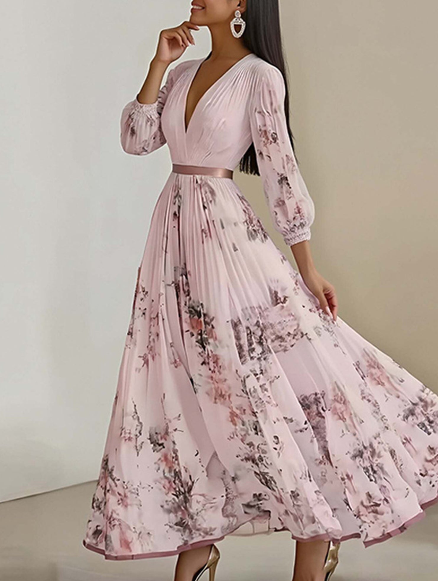 V Neck Pleated Printed Slim Maxi Dress_CWDMD02301