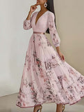 V Neck Pleated Printed Slim Maxi Dress