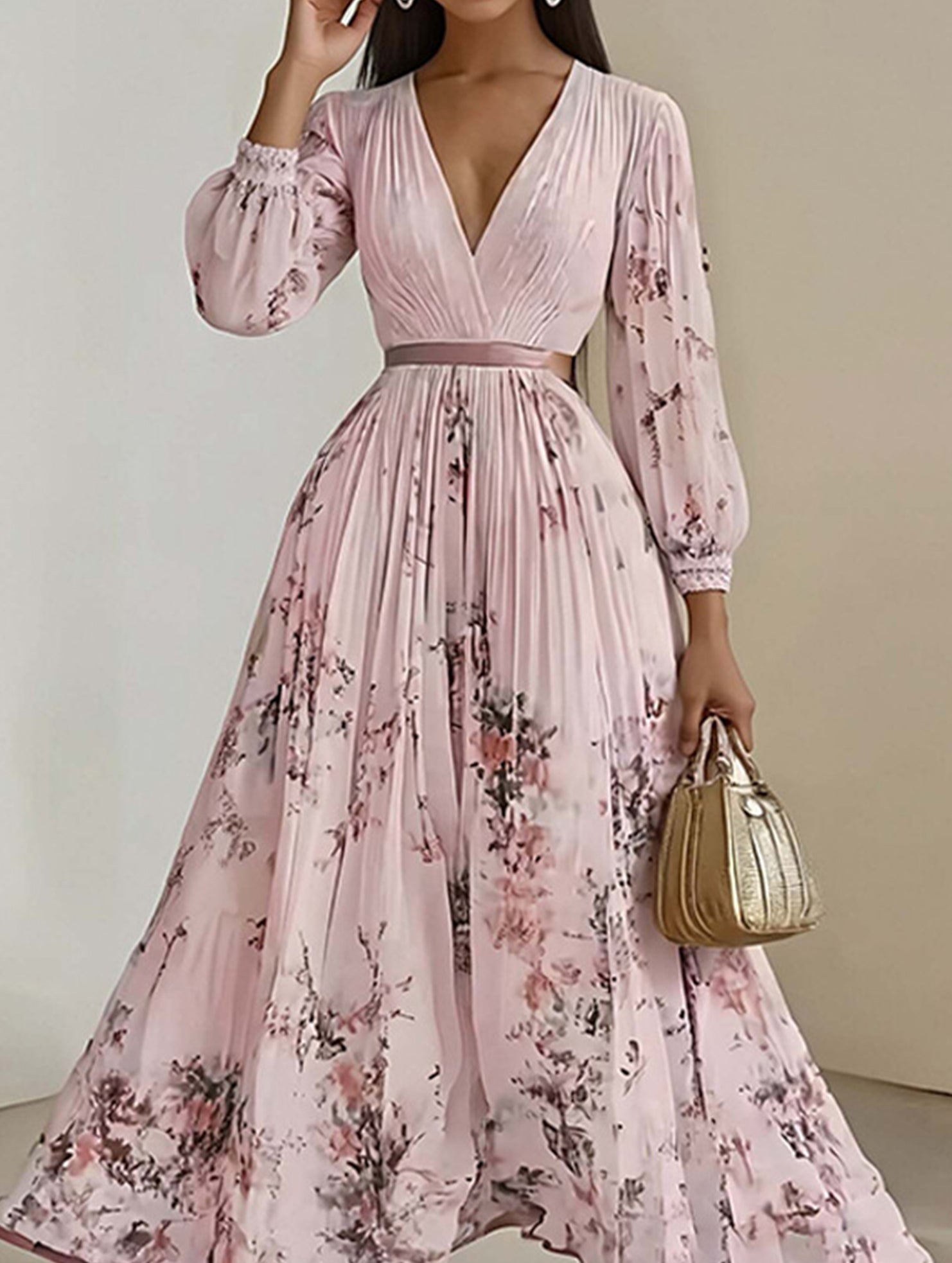 V Neck Pleated Printed Slim Maxi Dress_CWDMD02301