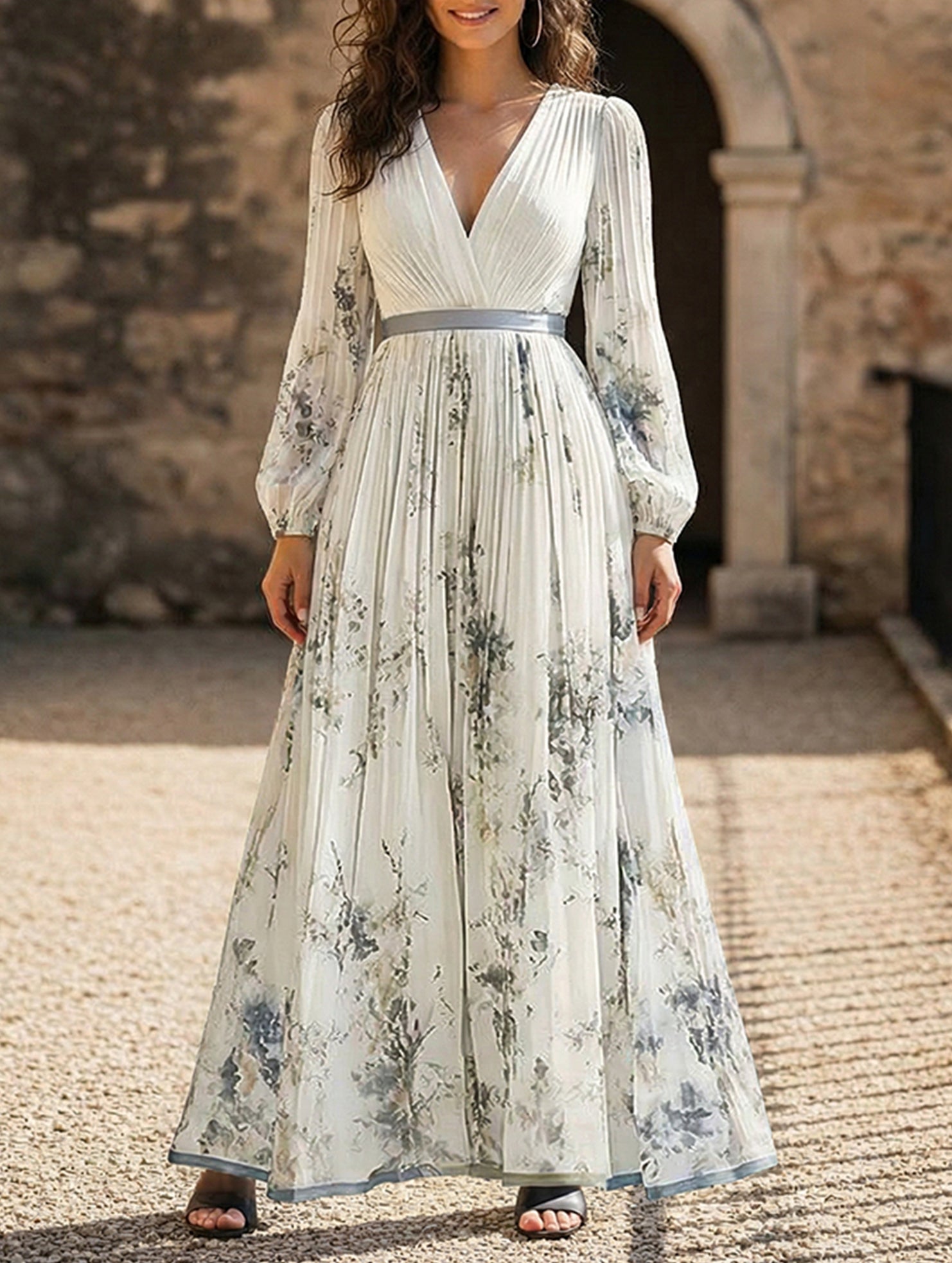 V Neck Pleated Printed Slim Maxi Dress_CWDMD02301