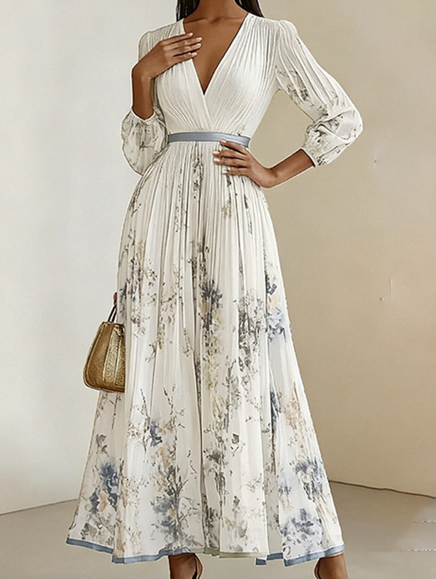 V Neck Pleated Printed Slim Maxi Dress