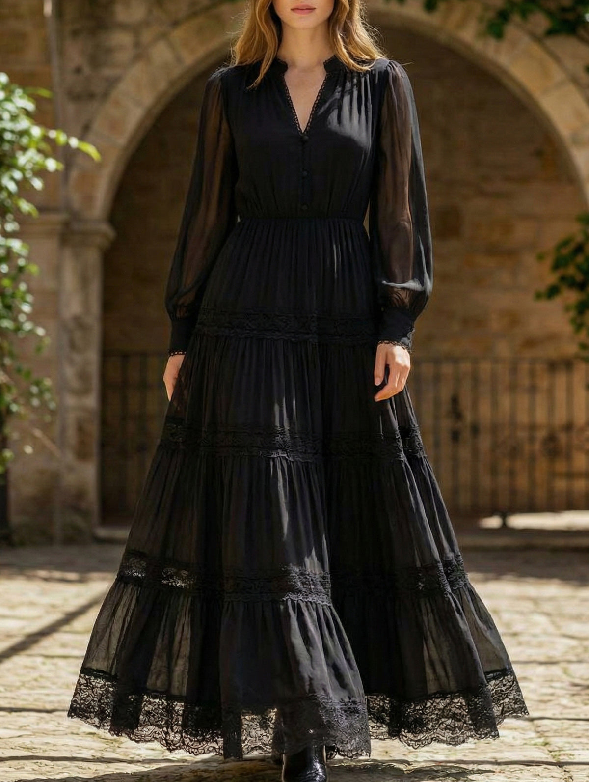V Neck Mesh Layered Cake Maxi Dress_CWDMD02302