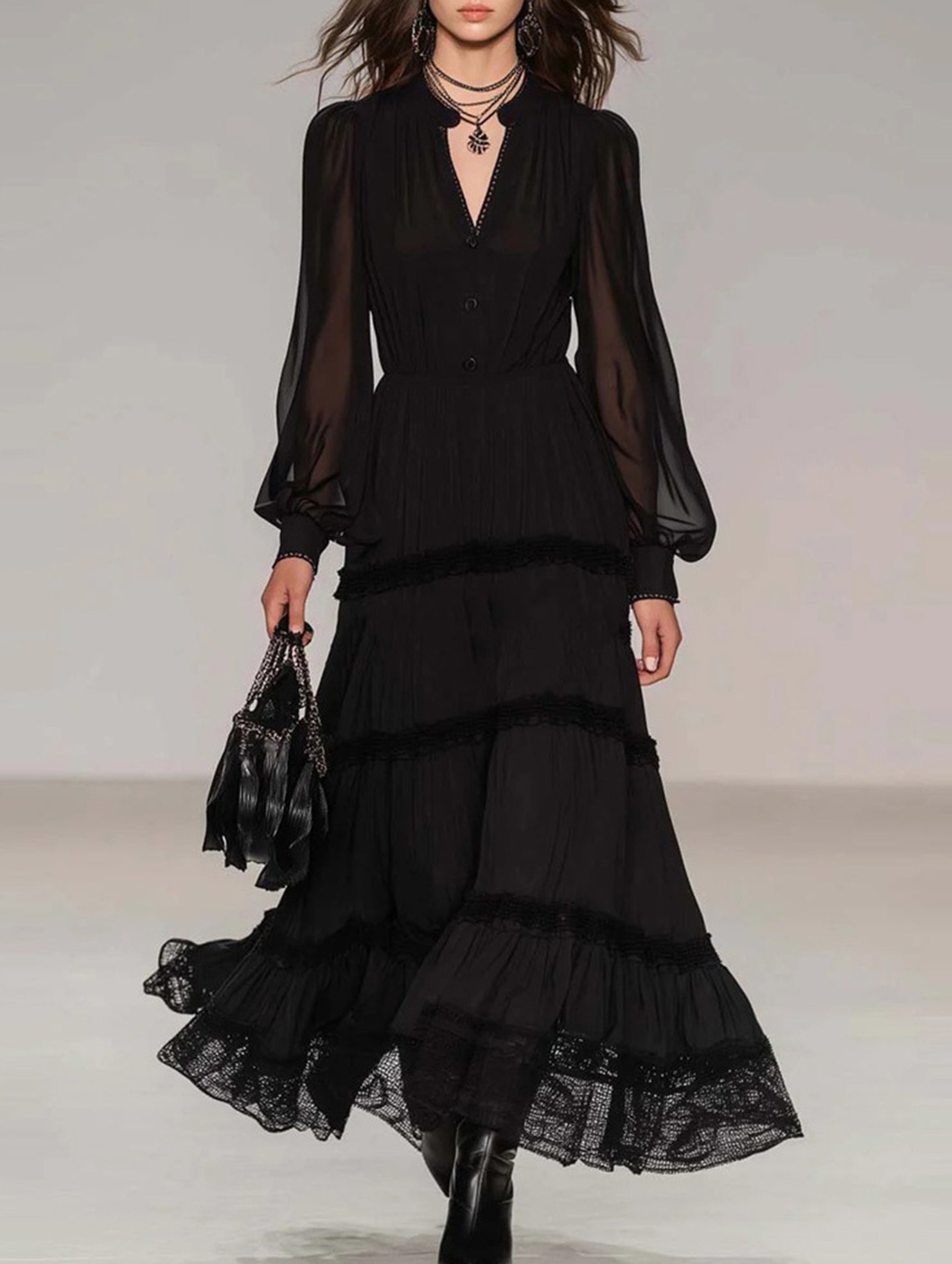 V Neck Mesh Layered Cake Maxi Dress_CWDMD02302