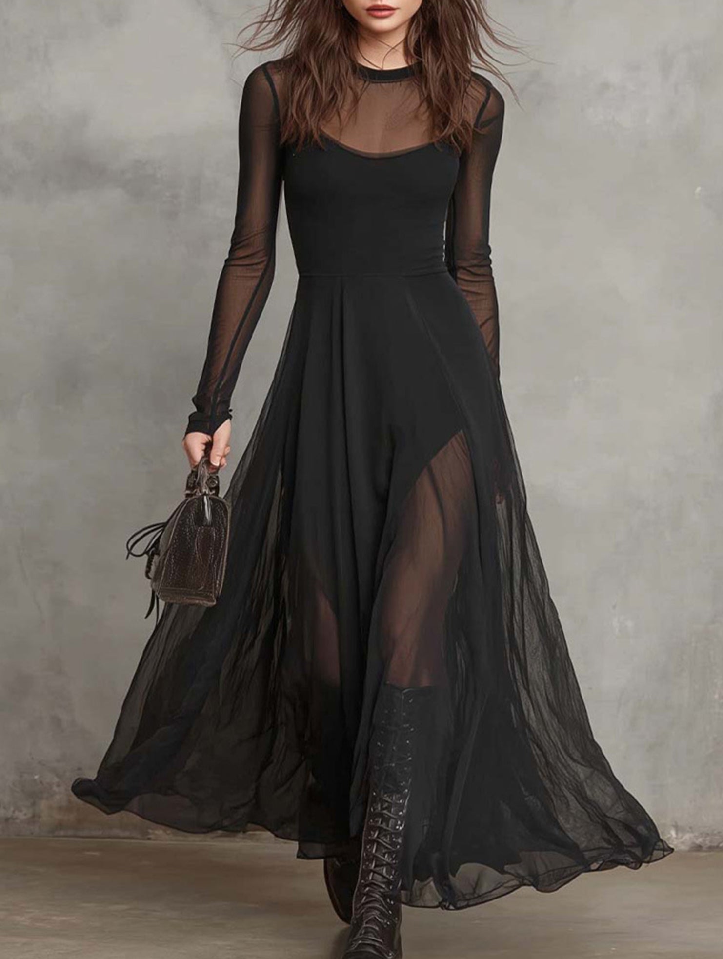Elegant Patchwork Long Sleeve Mermaid Dress