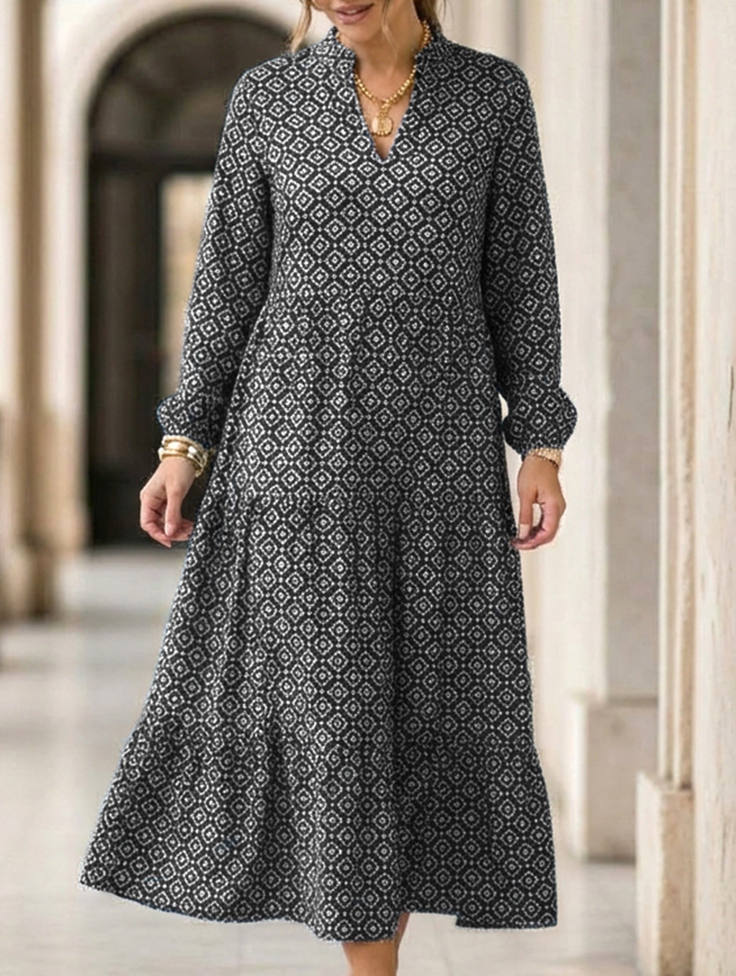 Nine-sleeve printed diamond pattern dress_CWDMD02304