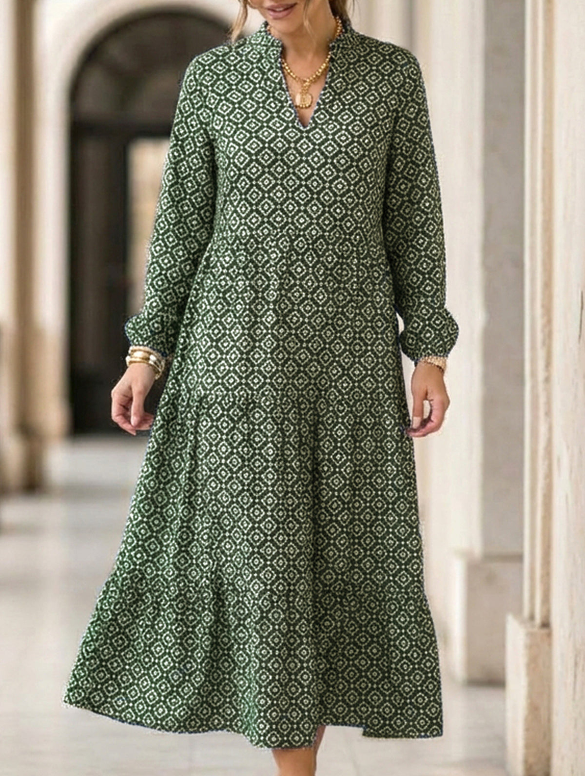 Nine-sleeve printed diamond pattern dress_CWDMD02304
