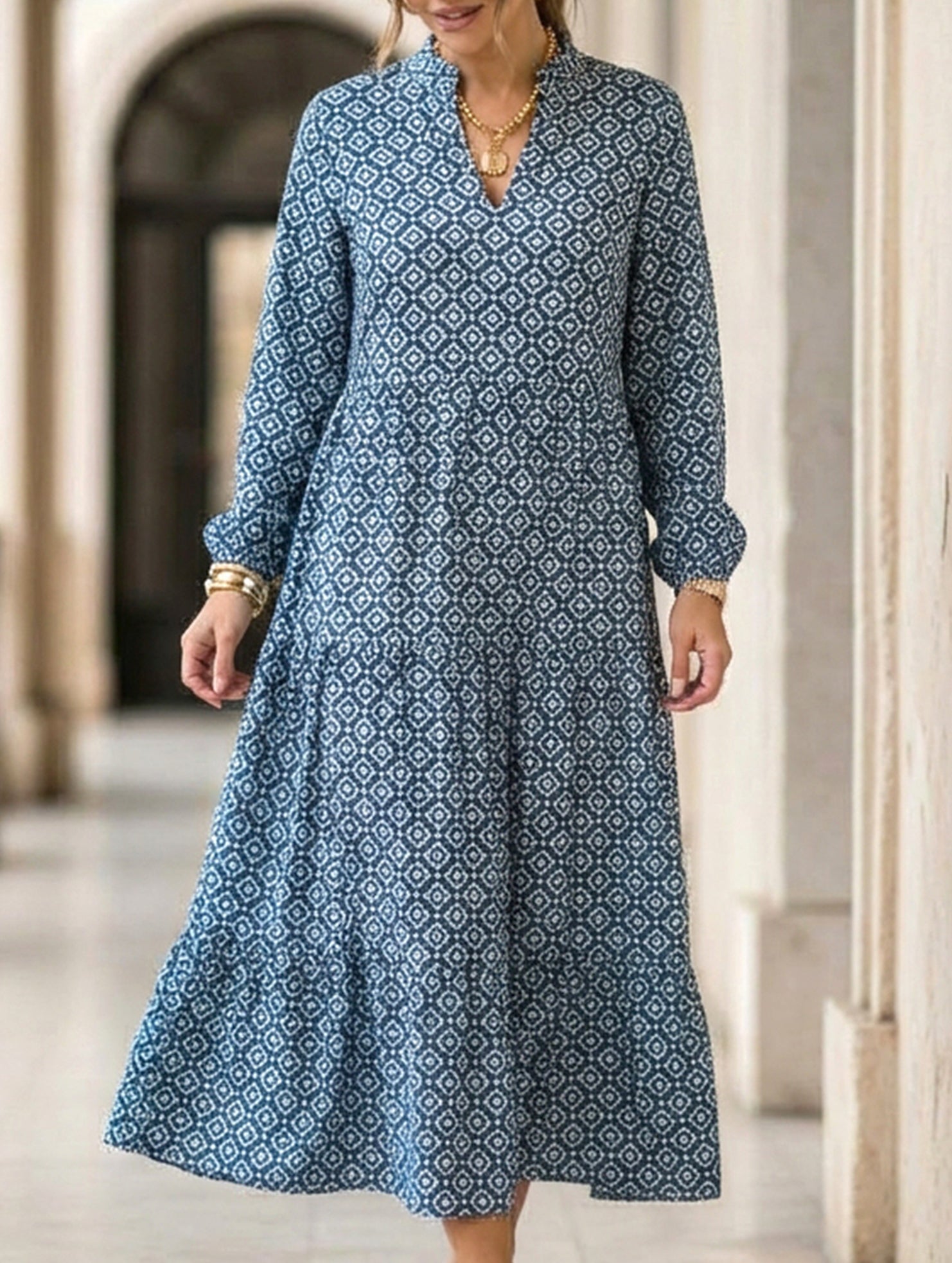 Nine-sleeve printed diamond pattern dress_CWDMD02304