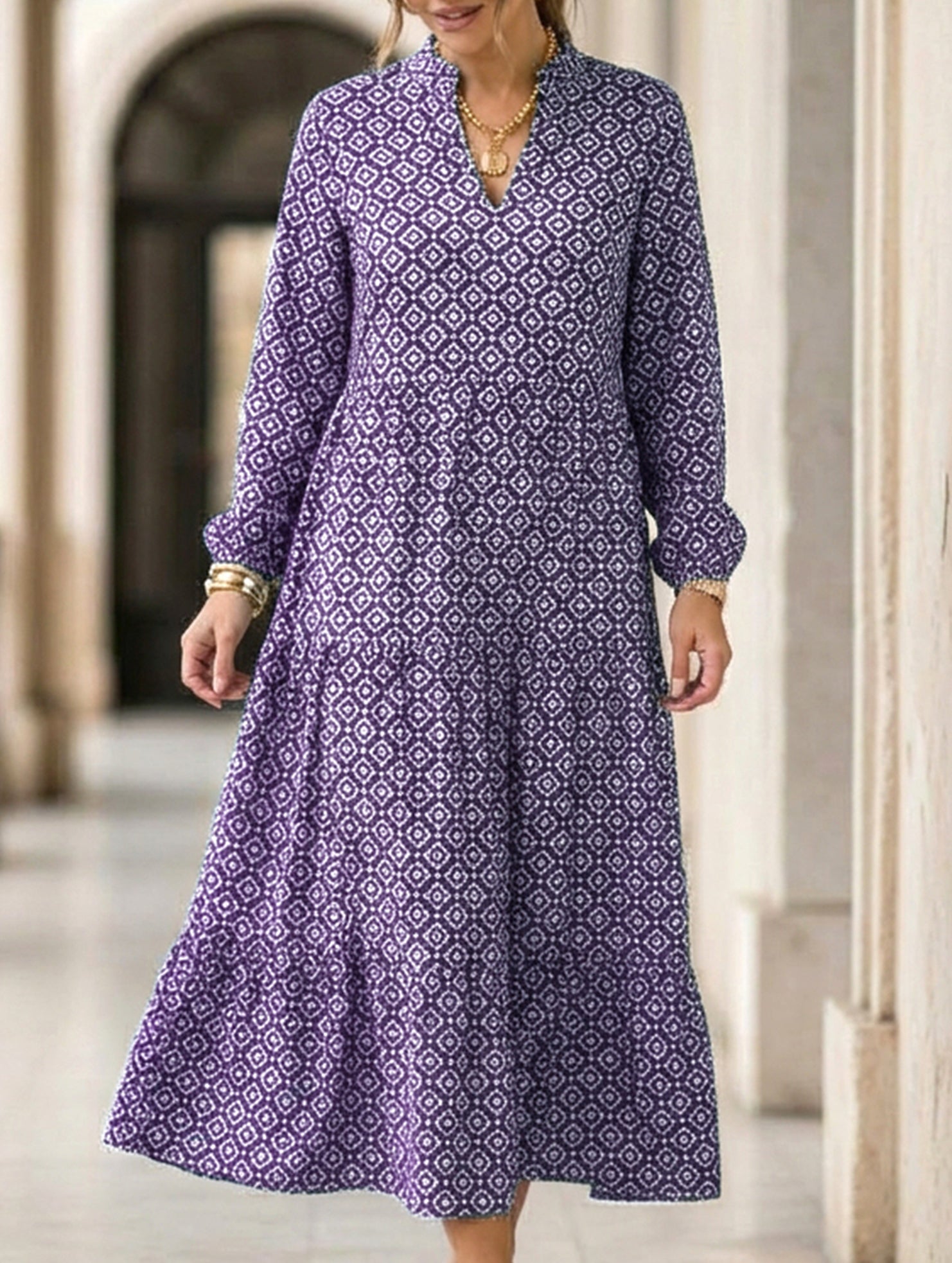 Nine-sleeve printed diamond pattern dress_CWDMD02304