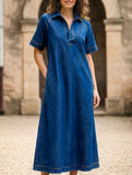 Retro Polo Collar Half-Open Denim Dress for Women