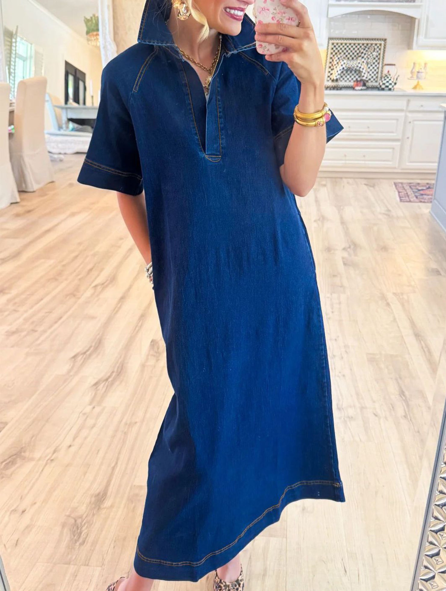 Retro Polo Collar Half-Open Denim Dress for Women