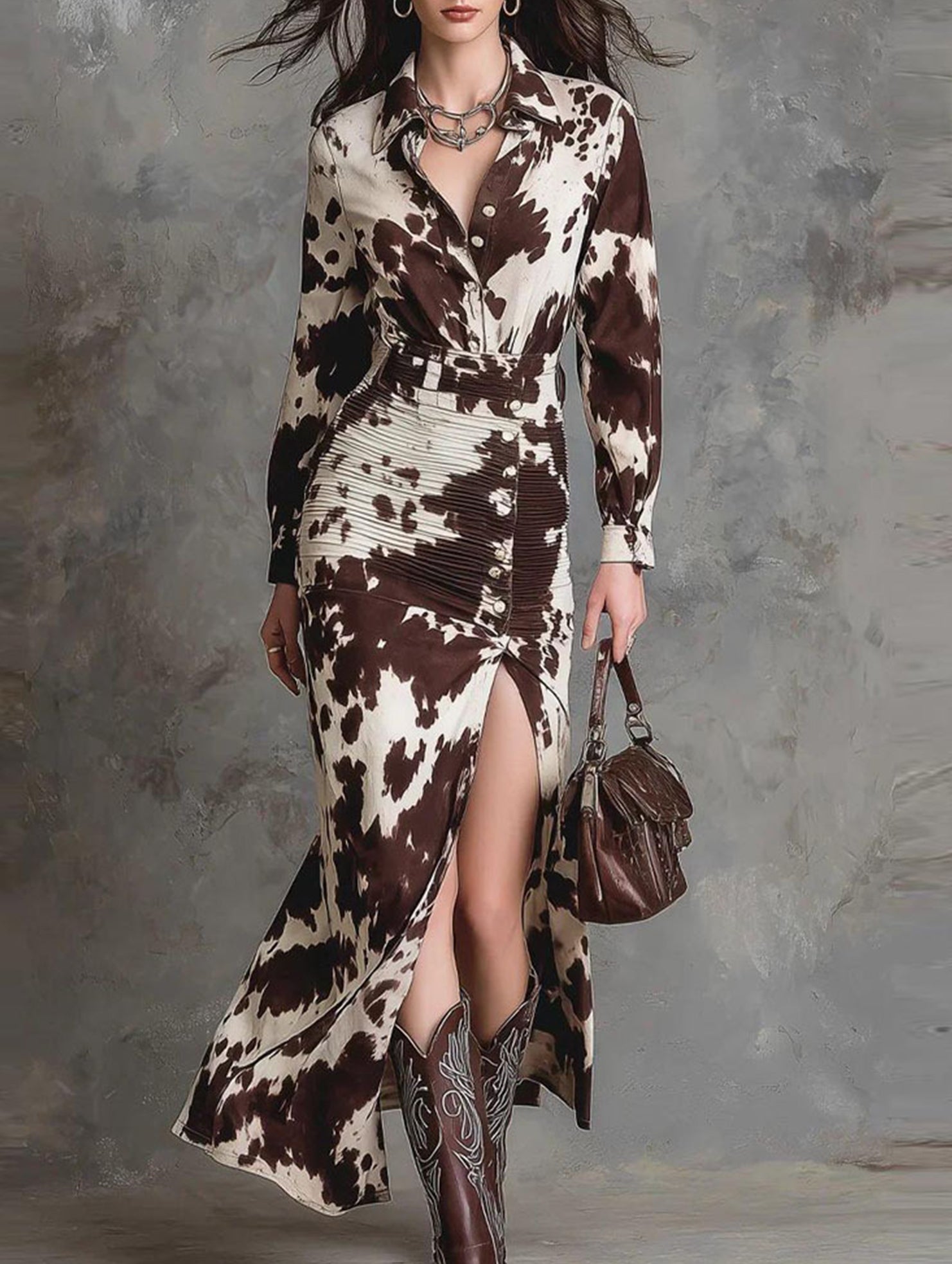 Satin Animal Print Belted Slit Shirt Dress_CWDMD02322