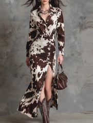 Satin Animal Print Belted Slit Shirt Dress_CWDMD02322