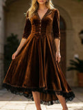 Western Velvet Lace Patchwork Flared Maxi Dress_CWDMD02326