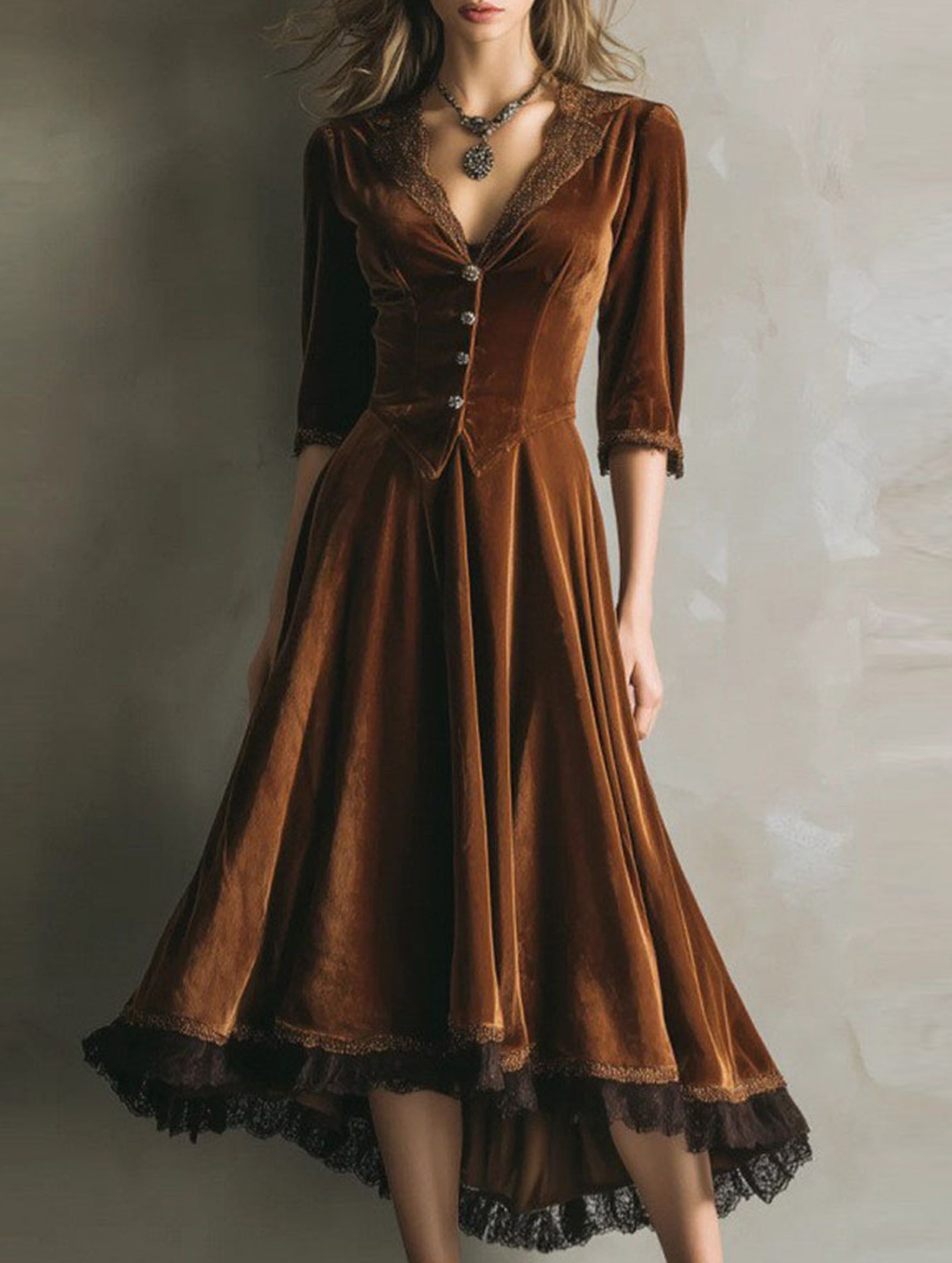 Western Velvet Lace Patchwork Flared Maxi Dress_CWDMD02326