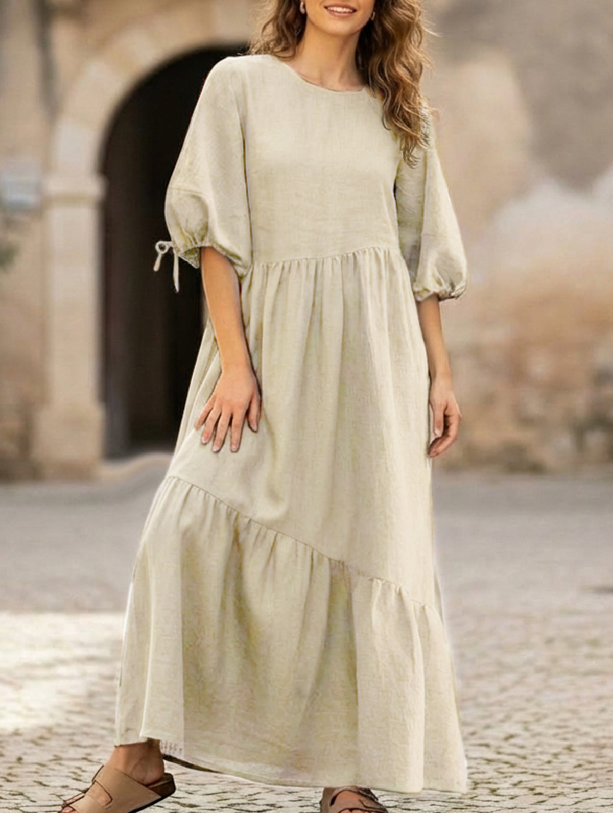 Ramie Lantern Sleeve Tie Waist Midi Dress_CWDMD02336