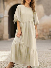 Ramie Lantern Sleeve Tie Waist Midi Dress