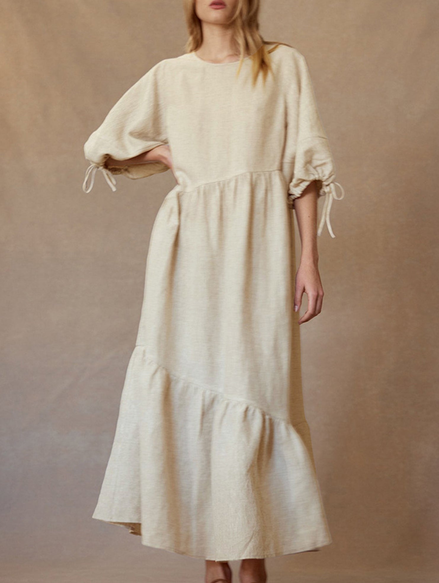 Ramie Lantern Sleeve Tie Waist Midi Dress_CWDMD02336