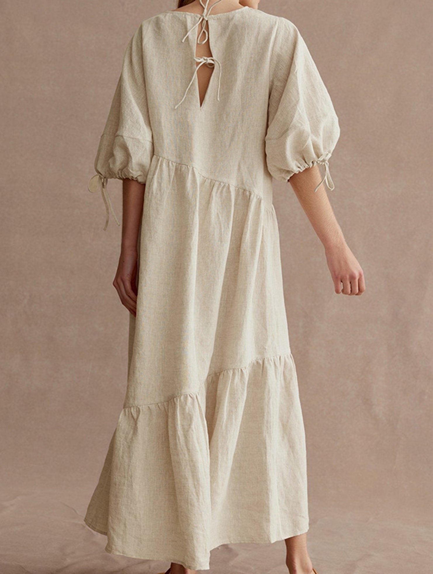 Ramie Lantern Sleeve Tie Waist Midi Dress_CWDMD02336