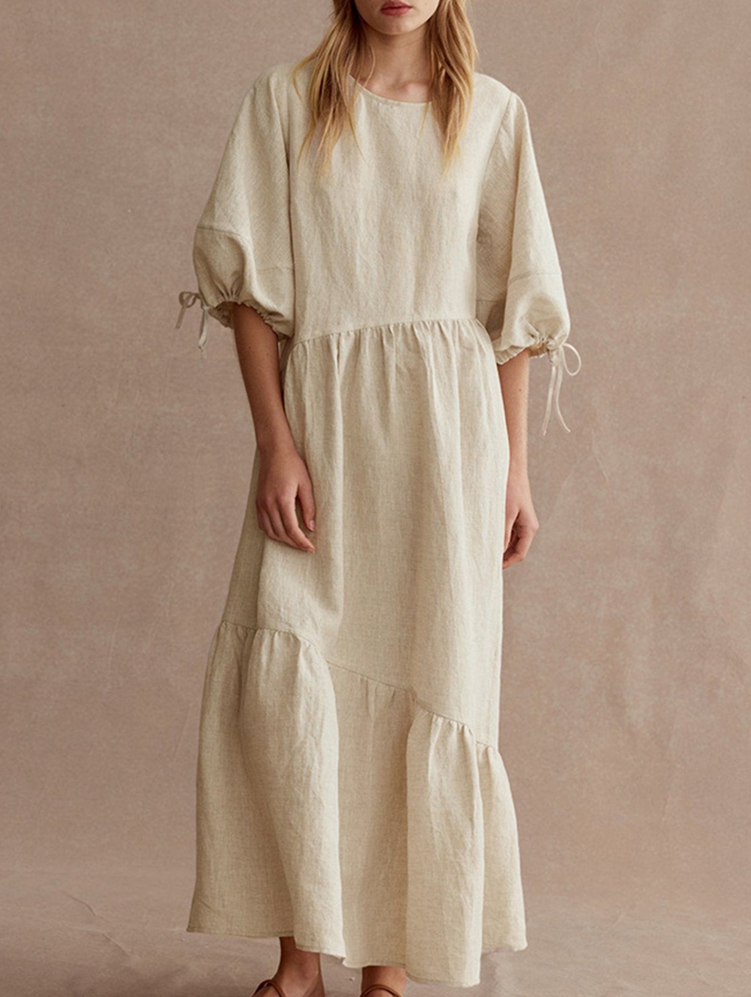 Ramie Lantern Sleeve Tie Waist Midi Dress