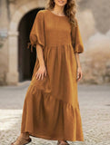 Ramie Lantern Sleeve Tie Waist Midi Dress