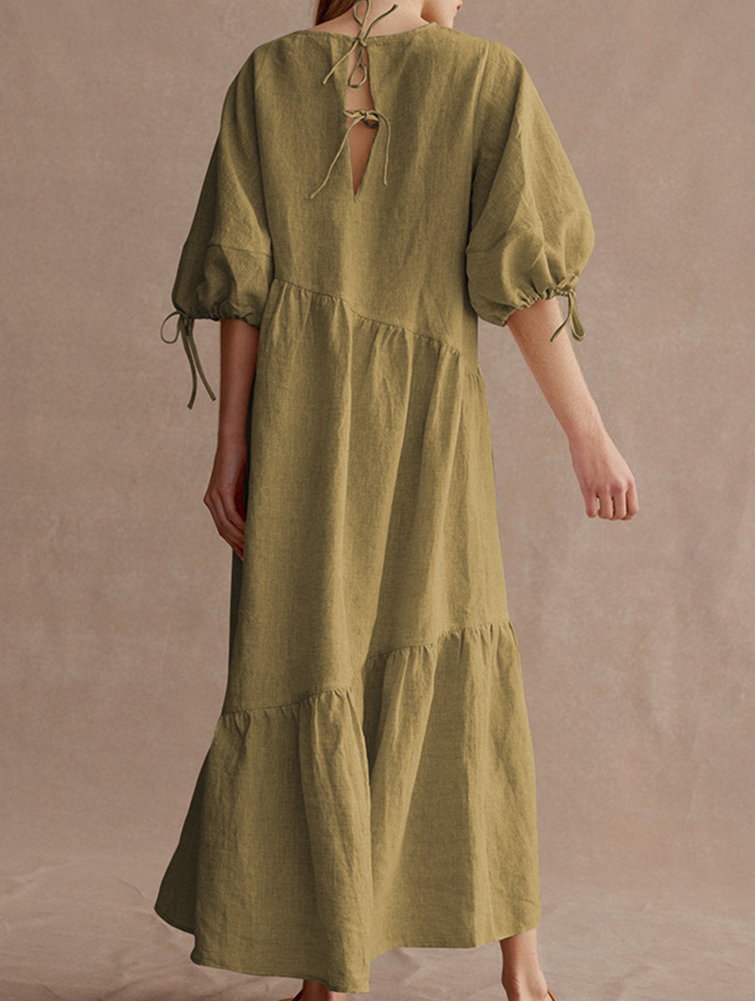 Ramie Lantern Sleeve Tie Waist Midi Dress