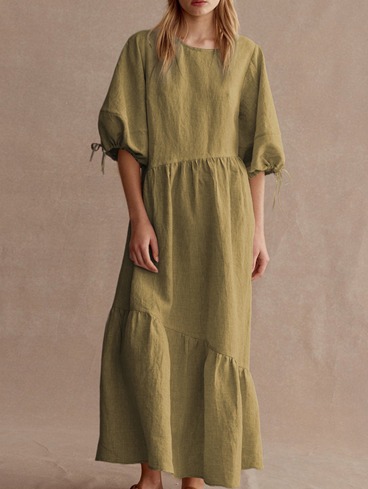 Ramie Lantern Sleeve Tie Waist Midi Dress