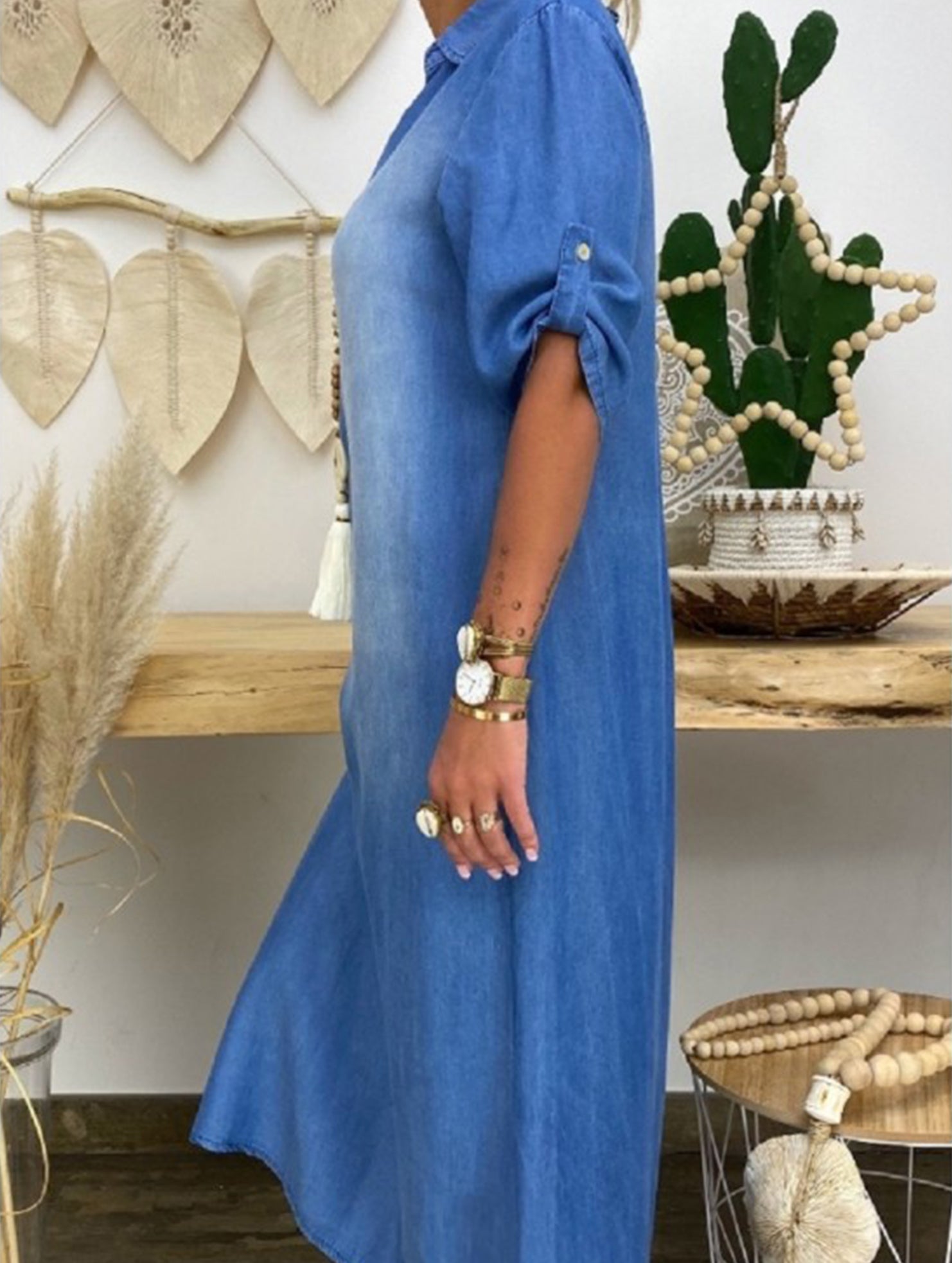 Plus-size loose-fitting washed denim dress for women_CWDMD02340