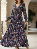 Women's Printed V-Neck Full Skirt Dress_CWDMD02343