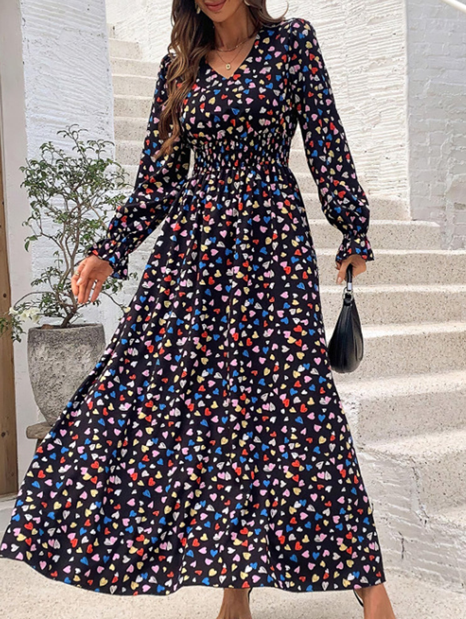 Women's Printed V-Neck Full Skirt Dress_CWDMD02343