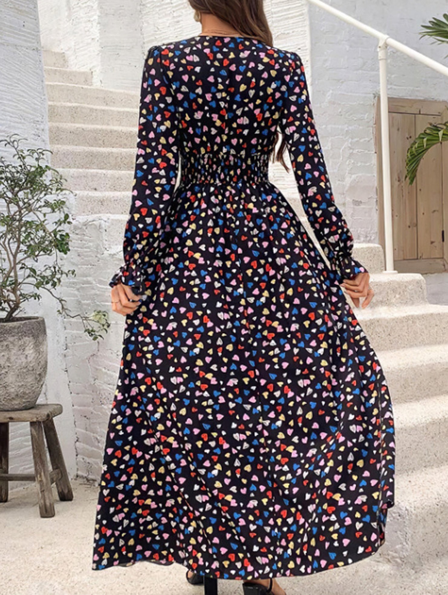 Women's Printed V-Neck Full Skirt Dress_CWDMD02343