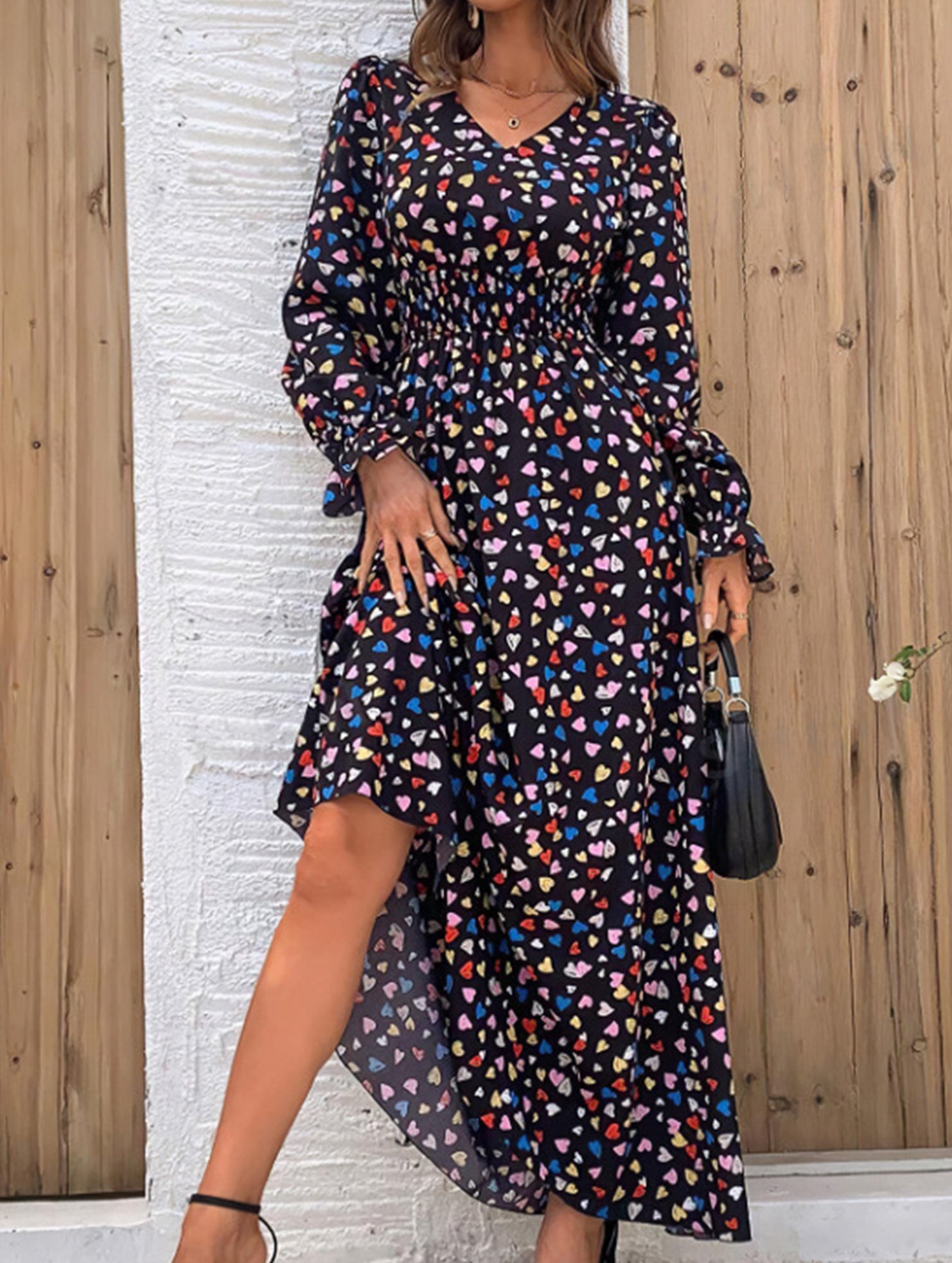 Women's Printed V-Neck Full Skirt Dress_CWDMD02343