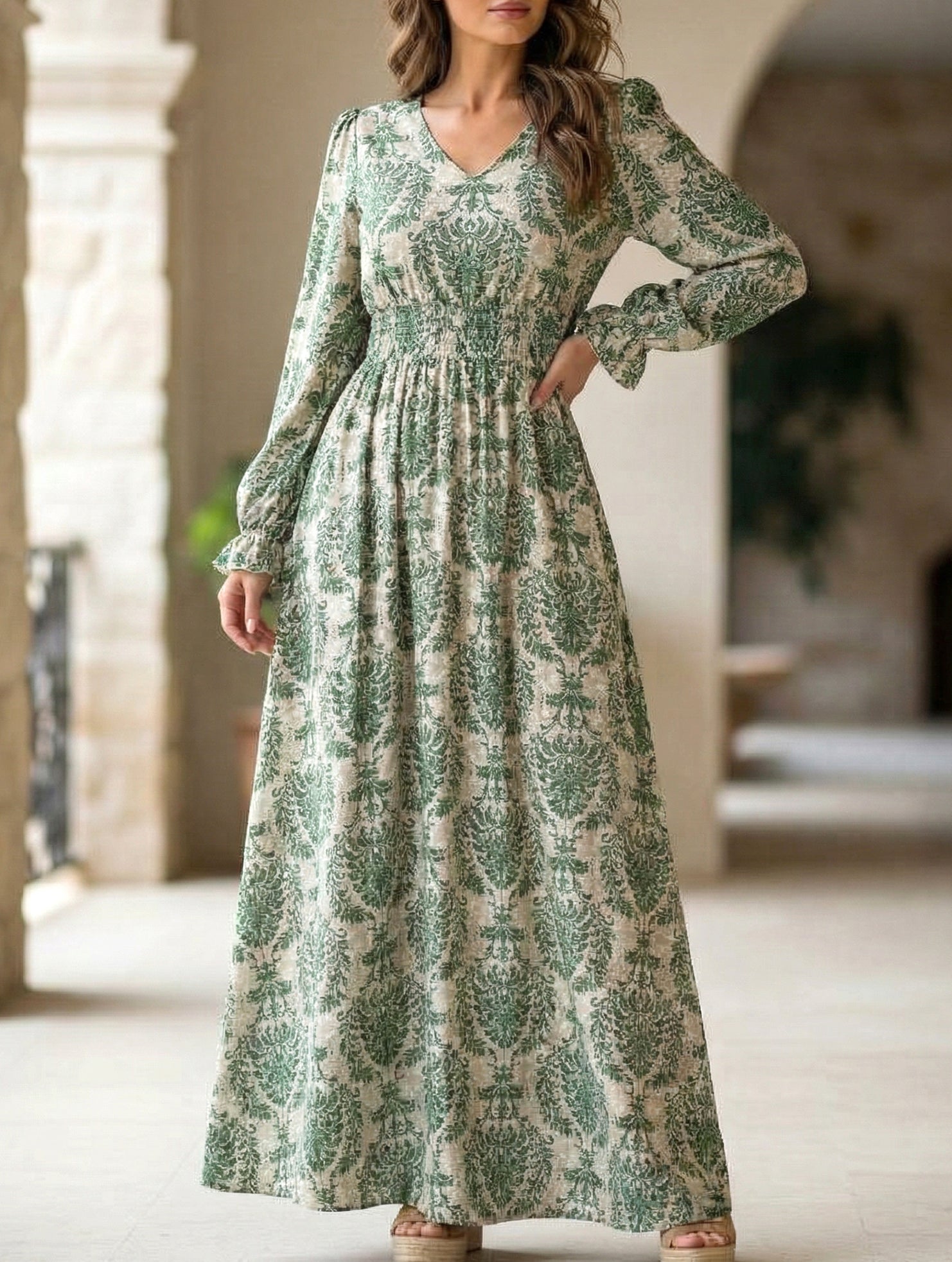 Women's Printed V-Neck Full Skirt Dress_CWDMD02343